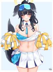 Rule 34 | 1girl, 82jhin, absurdres, ahoge, bare shoulders, black hair, blue archive, blue eyes, blush, breasts, cheerleader, cleavage, clothes writing, commentary request, cowboy shot, crop top, facial mark, halo, halterneck, hibiki (blue archive), hibiki (cheer squad) (blue archive), highres, korean commentary, large breasts, long hair, midriff, millennium cheerleader outfit (blue archive), miniskirt, navel, pom pom (cheerleading), sidelocks, skirt, solo, standing, star (symbol), stomach, tail, white skirt