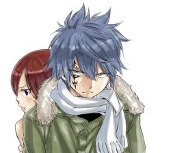 Rule 34 | 1boy, 1girl, back-to-back, blue eyes, blue hair, blush, coat, couple, erza scarlet, facial mark, fairy tail, frown, fur-trimmed coat, fur trim, green coat, hair between eyes, hetero, jellal fernandes, mashima hiro, pout, red hair, resolution mismatch, scarf, short hair, simple background, source larger, spiked hair, tattoo, upper body, white background, white scarf, winter clothes, winter coat