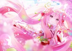 Rule 34 | 1girl, absurdres, ava illust, blurry, blurry foreground, cherry blossoms, cherry hair ornament, closed mouth, cloud, cloudy sky, day, floating hair, floral print, flower, food-themed hair ornament, hair between eyes, hair flower, hair ornament, hatsune miku, highres, japanese clothes, kimono, lens flare, long hair, long sleeves, looking at viewer, nail polish, obi, outdoors, pink eyes, pink hair, pink kimono, pink nails, pink theme, sakura miku, sash, sidelocks, sky, smile, solo, sunlight, very long hair, vocaloid, wide sleeves