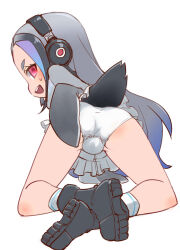 Rule 34 | 1girl, :d, absurdres, ass, ass focus, blue hair, blush, boots, clothes lift, crossed legs, empty eyes, female focus, forehead, frilled skirt, frills, from behind, full body, furrowed brow, giant penguin (kemono friends), gradient clothes, gradient hair, grey hair, hand on own ass, happy, headphones, highres, hood, hoodie, jacket, kemono friends, lifted by self, long hair, multicolored clothes, multicolored eyes, multicolored hair, ogihara mach, open mouth, panties, pantyshot, partially visible vulva, penguin girl, penguin tail, pink eyes, presenting, purple hair, red eyes, showing panties, simple background, skirt, skirt lift, smile, socks, solo, sweat, sweatdrop, swimsuit, tail, teeth, thick eyebrows, thighs, underwear, upper teeth only, upskirt, very long hair, white background, white panties, white skirt