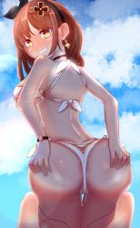 Rule 34 | 1girl, artist request, ass, ass grab, atelier (series), atelier ryza, bare shoulders, bikini, blush, breasts, brown eyes, brown hair, from behind, grin, hair ornament, hair ribbon, hairclip, highres, huge ass, kneeling, large breasts, looking at viewer, looking back, reisalin stout, ribbon, shiny skin, short hair, sideboob, smile, solo, swimsuit, thong bikini