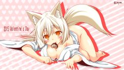 Rule 34 | 10s, 1girl, 2015, animal ear fluff, animal ears, bare legs, barefoot, blush, bottomless, breasts, cleavage, eyebrows, fang, foreshortening, fox ears, fox tail, full body, hair between eyes, heart, heart background, highres, kohaku (yua), large breasts, long hair, looking at viewer, lying, on stomach, orange eyes, original, slit pupils, smile, solo, tail, tareme, thick eyebrows, twitter username, valentine, very long hair, white hair, yua (checkmate)