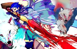 Rule 34 | 2others, absurdres, animal, blue hair, capelet, cu chulainn (caster) (fate), cu chulainn (fate), dog, earrings, fate/grand order, fate (series), floating hair, fur-trimmed hood, fur trim, gae bolg (fate), highres, holding, holding staff, hood, hooded capelet, jewelry, kaname (f k kwings), long hair, male focus, multiple others, red eyes, spiked hair, staff, white wolf, wolf