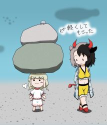 Rule 34 | 2girls, :3, puff of air, animal ears, animal print, arms behind back, black hair, chibi, cow ears, cow horns, cow print, cow tail, crop top, dress, ebisu eika, grey hair, haori, horns, jacket, japanese clothes, jellyfish, looking at another, looking at viewer, multicolored hair, multiple girls, navel, object on head, open clothes, open jacket, rakugaki-biyori, red footwear, rock, rock balancing, shorts, smug, solid circle eyes, solid oval eyes, split-color hair, standing, tail, touhou, translation request, two-tone hair, ushizaki urumi, walking, white dress, yellow shorts