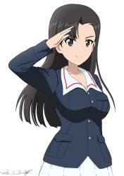 Rule 34 | 10s, 1girl, alternate costume, artist name, asymmetrical bangs, black eyes, black hair, blue jacket, bukkuri, closed mouth, commentary request, dated, girls und panzer, jacket, long hair, long sleeves, looking at viewer, military, military uniform, nishi kinuyo, ooarai military uniform, pleated skirt, salute, signature, simple background, skirt, smile, solo, standing, uniform, upper body, white background, white skirt