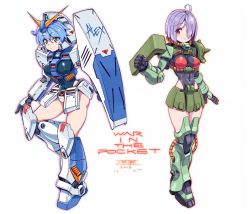 Rule 34 | 2girls, blue hair, clenched hand, copyright name, covered erect nipples, covered navel, cowlick, dated, english text, green eyes, grey hair, gundam, gundam 0080, gundam alex, hair over eyes, highres, mecha, mecha musume, michi kuso, multiple girls, one eye covered, open hand, personification, red eyes, robot, shield, thighhighs, v-fin, white background, zaku ii, zettai ryouiki