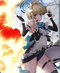 Rule 34 | 1girl, absurdres, apron, blonde hair, blue archive, blue bow, blue bowtie, blue eyes, bow, bowtie, braid, breasts, closed mouth, cloud, double v, dress, earpiece, explosion, frilled dress, frills, half up braid, highres, holster, kunku (youn4431), leotard, leotard under clothes, looking at viewer, maid, maid apron, maid headdress, microphone, pouch, revision, short hair, sky, small breasts, solo, thigh strap, thighhighs, thighs, toki (blue archive), upskirt, v
