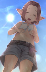 Rule 34 | 10s, 1boy, blue sky, brown hair, crop top, ell, final fantasy, final fantasy xiv, from below, lalafell, male focus, navel, open mouth, pointy ears, shorts, sky, solo, stomach, sun, sunlight