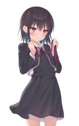 Rule 34 | 1girl, black skirt, blush, brown eyes, brown hair, closed mouth, collared shirt, commentary request, cowboy shot, hair between eyes, hands up, highres, holding necktie, long sleeves, na-ga, necktie, original, red necktie, school uniform, shirt, short hair, sidelocks, simple background, skirt, solo, standing, white background, white shirt