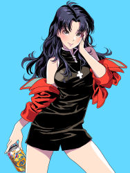 Rule 34 | 1girl, absurdres, bare shoulders, beer can, black dress, black hair, blue background, breasts, can, cowboy shot, cross, cross necklace, dress, drink can, grey eyes, hand on own cheek, hand on own face, highres, holding, holding can, jacket, jewelry, katsuragi misato, long hair, looking at viewer, necklace, neon genesis evangelion, purple hair, simple background, smile, solo, yamashita shun&#039;ya