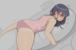 Rule 34 | 1girl, blush, clock, closed eyes, drooling, from side, highres, korean commentary, lee do-eun (oddsnail), long hair, lying, muscular, muscular female, hugging object, oddsnail, on stomach, open mouth, original, panties, pillow, purple hair, shiny skin, shirt, sleeping, sleeveless, solo, underwear