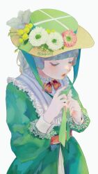 Rule 34 | 1girl, absurdres, bedr2221, blunt bangs, bow, bowtie, braid, chin strap, colored eyelashes, cowboy shot, dress, flower, frilled dress, frills, from above, green dress, green hat, green theme, grey hair, half-closed eyes, hat, hat flower, highres, lace-trimmed sleeves, lace trim, lipstick, lolita fashion, long sleeves, makeup, original, parted lips, pink flower, red bow, red bowtie, sash, sidelocks, simple background, solo, twitter username, tying, white background, white flower, yellow flower
