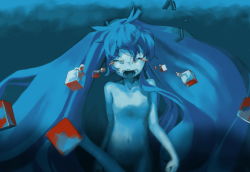 Rule 34 | 1girl, blood, blue hair, cube, closed eyes, hatsune miku, long hair, myu, nude, open mouth, screaming, solo, tears, very long hair, vocaloid