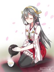 Rule 34 | 10s, 1girl, bad id, bad pixiv id, bare shoulders, black hair, black thighhighs, blush, character name, cherry blossoms, closed eyes, commentary request, cup, dated, detached sleeves, hair between eyes, hair ornament, hairclip, haruna (kancolle), highres, kantai collection, kuro chairo no neko, long hair, long sleeves, nontraditional miko, paw print, petals, red skirt, sitting, skirt, smile, solo, teacup, teapot, thighhighs, very long hair, wide sleeves