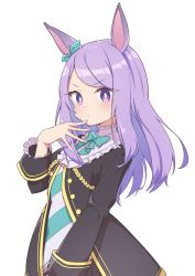 Rule 34 | 1girl, absurdres, aiguillette, animal ears, black jacket, blush, bow, bowtie, ear ribbon, frilled shirt collar, frills, hand to own mouth, highres, horse ears, jacket, long sleeves, looking at viewer, mejiro mcqueen (umamusume), ojou-sama pose, purple eyes, purple hair, quarterlift, simple background, solo, swept bangs, umamusume, upper body, white background