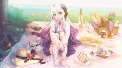 Rule 34 | 1girl, acoustic guitar, ahoge, ascot, baguette, bare legs, barefoot, black footwear, blurry, blurry background, blush, book, bottle, bread, bread slice, brooch, cake, cake slice, commentary request, cookie, cup, drinking glass, feet, flower, food, fruit, full body, gradient hair, guitar, hair between eyes, hair flower, hair ornament, hair ribbon, hat, hat flower, head tilt, hugging own legs, instrument, jam, jewelry, knees to chest, knife, legs, legs together, long hair, long sleeves, looking at viewer, macaron, multicolored hair, open book, open mouth, original, outdoors, pastry, picnic, picnic basket, pistachiocream, purple eyes, purple hair, purple skirt, ribbon, sheet music, shirt, shoes, unworn shoes, sidelocks, signature, sitting, skirt, smile, soles, solo, sparkle, straw hat, strawberry, sun hat, sweets, toes, tree, white hair, white shirt, wide sleeves, wine bottle, wine glass