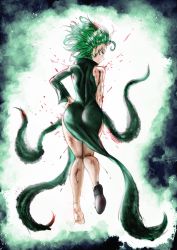 Rule 34 | 1girl, absurdres, ass, aura, back, battle damage, dress, floating, floating hair, glowing, glowing eyes, hand on own hip, highres, huge ass, looking at viewer, looking back, medium hair, one-punch man, shoes, single shoe, solo, tatsumaki, telekinesis, the golden smurf, wide hips