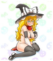 Rule 34 | 1girl, 3:, arm warmers, bikini, bikini top only, black bikini, black thighhighs, blonde hair, blush, bottomless, bow, braid, breast suppress, breasts, cookie (touhou), covered erect nipples, elbow gloves, embarrassed, eyebrows, female focus, fingerless gloves, frown, gloves, green eyes, hand on own chest, hat, hat bow, kirisame marisa, large breasts, long hair, mars (cookie), messy hair, micro bikini, otemoto (baaaaloooo), otemoto (cookie), scarf, shoes, side braid, sitting, solo, sweatdrop, swimsuit, thick eyebrows, thighhighs, touhou, wariza, wavy hair, wavy mouth, witch hat