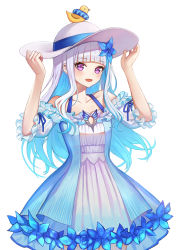 Rule 34 | 1girl, bare shoulders, bird, blue dress, blue hair, blunt bangs, blush, collarbone, commentary request, dress, frilled dress, frills, hair ornament, innertube, lize helesta, long hair, looking at viewer, multicolored hair, nijisanji, open mouth, pink eyes, purple eyes, short sleeves, sidelocks, simple background, smile, solo, swim ring, two-tone dress, two-tone hair, virtual youtuber, white background, white dress, white hair, ziko