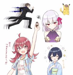Rule 34 | 1boy, 3girls, ahoge, arm up, armlet, armor, azuuru, bare shoulders, bikini armor, black suit, blue hair, blue kimono, blush, breasts, brown eyes, brown hair, bug, cassock, cicada, closed eyes, clothed pokemon, collar, creatures (company), crossed bangs, crossover, detached sleeves, detective pikachu, detective pikachu (character), detective pikachu (movie), dress, earrings, fate/grand order, fate (series), formal, game freak, gen 1 pokemon, hair ribbon, highres, idolmaster, idolmaster shiny colors, insect, japanese clothes, jewelry, kama (fate), kama (first ascension) (fate), kimono, komiya kaho, kotomine kirei, long hair, looking at viewer, metal collar, morino rinze, multiple crossover, multiple girls, nintendo, obi, open clothes, open shirt, pikachu, pink ribbon, pokemon, pokemon (creature), priest, purple dress, purple sleeves, rasputin (fate), red eyes, red hair, ribbon, running, sash, short hair, short sleeves, silver hair, simple background, small breasts, smile, sparkling eyes, squiggle, suit, white background, wrinkled frown (detective pikachu)
