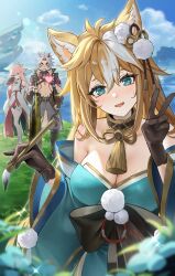 Rule 34 | 1boy, 2girls, :d, absurdres, animal ears, aqua eyes, arataki itto, bare shoulders, blue sky, breasts, brown hair, cleavage, cloud, commentary, day, detached sleeves, dog ears, fox ears, genshin impact, head tilt, heart, highres, hina (genshin impact), holding, holding brush, large breasts, long hair, long sleeves, looking at viewer, multicolored hair, multiple girls, open mouth, outdoors, pink hair, pom pom (clothes), rity, shirt, sky, smile, v, very long hair, white hair, white shirt, yae miko