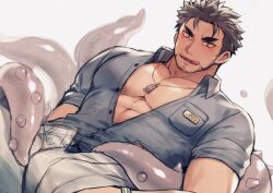 Rule 34 | 1boy, bara, black hair, black shirt, dagon (housamo), facial hair, grey pants, hozu (hozumi), jewelry, large pectorals, looking at viewer, male focus, muscular, muscular male, necklace, pants, partially unbuttoned, pectorals, shirt, short hair, simple background, solo, tentacles, tentacles on male, tokyo houkago summoners, tongue, tongue out