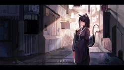 Rule 34 | 1girl, absurdres, animal ear fluff, animal ears, artist name, backlighting, black gloves, black hair, black kimono, building, cat ears, cat girl, cat tail, closed mouth, commentary request, dated, day, feet out of frame, gloves, hair over one eye, highres, japanese clothes, kimono, letterboxed, long hair, long sleeves, looking afar, looking away, multiple tails, orga (orgacl), original, outdoors, partially fingerless gloves, red eyes, solo, standing, sunlight, tail, two tails, wide sleeves, yukata