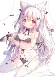 1girl animal_ear_fluff animal_ears back_bow bandaid_on_thigh bat_(animal) bat_hair_ornament bat_wings bikini black_bikini black_bow black_bowtie black_ribbon blush bow bowtie breasts cat_ears cat_girl cat_tail commentary_request full_body garter_straps hair_bow hair_ornament hairclip heart heart_o-ring highres holding holding_tray low_wings maid maid_bikini maid_headdress medium_breasts momozu_komamochi navel o-ring original parted_lips red_eyes ribbon sitting solo swimsuit tail tail_bow tail_ornament tareme thighhighs tray two_side_up unconventional_maid wariza white_background white_bow white_thighhighs wing_hair_ornament wings wrist_cuffs