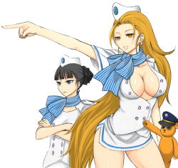 Rule 34 | 2girls, ace attorney, ace attorney investigations, black hair, blonde hair, blue eyes, breasts, cammy meele, capcom, cleavage, crossed arms, doll, empty eyes, flight attendant, hat, lang (chikage36), large breasts, long hair, multiple girls, orange eyes, pointing, rhoda teneiro, simple background, stuffed animal, stuffed toy, teddy bear, travel attendant, uniform, very long hair, white background