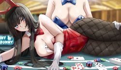 Rule 34 | 2girls, ace (playing card), ace of clubs, animal ears, bare shoulders, black hair, black legwear, blue bow, blue eyes, blue leotard, blue neckwear, blush, bow, bowtie, breasts, card, casino, cleavage, closed mouth, club (shape), covered navel, elbow gloves, fake animal ears, gloves, hairband, hand on another&#039;s thigh, highres, indoors, large breasts, leotard, long hair, lying, multiple girls, nicky w, on side, original, pantyhose, playboy bunny, playing card, poker chip, poker table, rabbit ears, red bow, red hairband, red leotard, red neckwear, smile, solo focus, strapless, strapless leotard, table, very long hair, white gloves