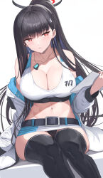 Rule 34 | 1girl, alternate costume, bare shoulders, belt, black belt, black footwear, black hair, black thighhighs, blue archive, blush, boots, breasts, cleavage, closed mouth, collarbone, earrings, halo, highres, holding, jewelry, large breasts, long hair, long sleeves, looking at viewer, midriff, miniskirt, navel, off shoulder, ponytail, red eyes, rio (blue archive), shougun (chuckni1), simple background, sitting, skirt, solo, thigh boots, thighhighs, two-tone skirt, white background