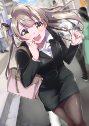 Rule 34 | 1girl, :d, black jacket, black pantyhose, black skirt, blue bow, blush, bow, day, dress shirt, formal, hair bow, highres, inui sekihiko, jacket, light brown hair, long hair, long sleeves, looking at viewer, love live!, love live! school idol project, minami kotori, miniskirt, office lady, open mouth, outdoors, pantyhose, running, shiny clothes, shiny legwear, shirt, skirt, skirt suit, smile, solo focus, suit, very long hair, white shirt, yellow eyes