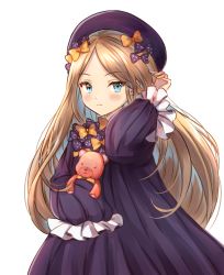 Rule 34 | 1girl, abigail williams (fate), bad id, bad pixiv id, black bow, black dress, black hat, blonde hair, blue eyes, blush, bow, bug, butterfly, closed mouth, commentary request, dress, fate/grand order, fate (series), hair bow, hat, highres, hugging object, insect, long hair, long sleeves, looking at viewer, melings (aot2846), orange bow, parted bangs, polka dot, polka dot bow, simple background, sleeves past fingers, sleeves past wrists, solo, stuffed animal, stuffed toy, teddy bear, tucking hair, very long hair, white background