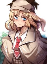 Rule 34 | 1girl, blonde hair, blue eyes, blush, collared shirt, detective, hair ornament, hat, highres, hinghoi, hololive, hololive english, looking at viewer, necktie, plaid, red necktie, sherlock holmes, shirt, skirt, solo, virtual youtuber, watson amelia, watson amelia (1st costume), white shirt
