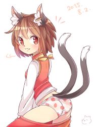 Rule 34 | 1girl, :3, animal ears, brown hair, cat ears, cat tail, chen, closed mouth, commentary request, earrings, fang, food print, highres, ibaraki natou, jewelry, long sleeves, multiple tails, nekomata, panties, print panties, short hair, single earring, solo, strawberry panties, strawberry print, tail, touhou, two tails, underwear