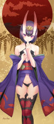 Rule 34 | 108 gou, 1girl, bare shoulders, black panties, black thighhighs, blush, breasts, closed mouth, commentary request, cowboy shot, fate/grand order, fate (series), hair between eyes, hair ornament, highres, horns, japanese clothes, kimono, long sleeves, looking at viewer, navel, obi, off shoulder, oni, panties, purple eyes, purple hair, sash, short hair, shuten douji (fate), skin-covered horns, small breasts, smile, solo, thighhighs, tsurime, underwear, wide sleeves