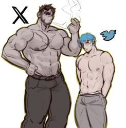 Rule 34 | 2boys, abs, bara, beard stubble, blue hair, cigarette, comparison, cross scar, dark-skinned male, dark skin, facial hair, feet out of frame, frown, highres, holding, holding cigarette, huge eyebrows, large pectorals, logo, looking at viewer, male focus, mature male, multiple boys, muscular, muscular male, navel, navel hair, nipples, original, pectorals, personification, scar, short hair, shy, smoking, standing, stomach, strongman waist, stubble, thick eyebrows, thick thighs, thighs, tiowinwin, topless male, twitter, twitter bird, unfinished