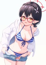 Rule 34 | 1girl, ayane (blue archive), ayane (swimsuit) (blue archive), bare shoulders, bikini, black hair, blue archive, blue bikini, blue shorts, braid, breasts, cleavage, clothes pull, collarbone, cowboy shot, drawstring, french braid, front-tie bikini top, front-tie top, frown, glasses, gluteal fold, halo, halterneck, highres, jacket, long sleeves, looking at viewer, medium breasts, medium hair, miso (misomiso 154), navel, off shoulder, open clothes, open fly, open jacket, open mouth, pointy ears, red-framed eyewear, short shorts, shorts, shorts pull, side-tie bikini bottom, solo, stomach, string bikini, striped bikini, striped clothes, swimsuit, thighs, undressing, white jacket, yellow eyes