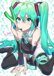 Rule 34 | 1girl, aqua nails, bare shoulders, between legs, black footwear, black skirt, black sleeves, blush, boots, closed mouth, commentary, detached sleeves, food, frilled shirt, frills, green eyes, green hair, hair between eyes, hand between legs, hatsune miku, headset, highres, holding, holding food, holding spring onion, holding vegetable, long hair, nail polish, pleated skirt, romaji commentary, shirt, sitting, skirt, sleeveless, sleeveless shirt, solo, spring onion, thigh boots, thighhighs, twintails, vegetable, very long hair, vocaloid, wariza, wata (attaka towel), white shirt