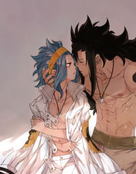 Rule 34 | 1boy, 1girl, black hair, blue hair, blush, breasts, brown eyes, brown pants, chin piercing, cleavage, coat, collar, collarbone, couple, ear piercing, fairy tail, gajeel redfox, grey background, groin, hand on another&#039;s head, headband, highres, imminent kiss, jewelry, levy mcgarden, long hair, medium breasts, navel, necklace, nose piercing, open clothes, open coat, pants, parted lips, piercing, rusky, small breasts, spiked hair, twitter username, very long hair, white coat, white collar, white pants, yellow headband