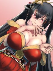 Rule 34 | 1girl, absurdres, ahoge, azur lane, bare shoulders, black hair, blush, breasts, cleavage, collarbone, crossed bangs, hair between eyes, hair ornament, hair ribbon, hands up, highres, huge breasts, japanese clothes, kimono, kojima (blue stardust), large breasts, long hair, looking at viewer, obi, off shoulder, open mouth, pink background, red eyes, red kimono, ribbon, sash, sidelocks, signature, simple background, smile, solo, taihou (azur lane), twintails, very long hair