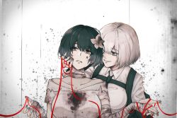 Rule 34 | 2girls, bandaged arm, bandaged neck, bandages, black hair, blood, blood on clothes, bob cut, breasts, collarbone, dress, flower, girls&#039; frontline, grey eyes, hair flower, hair ornament, hand on own chin, highres, holding, holding ribbon, large breasts, looking at another, looking at viewer, machlian (girls&#039; frontline), morridow (boss) (girls&#039; frontline), morridow (girls&#039; frontline), multiple girls, necktie, open mouth, red ribbon, ribbon, scuro, shirt, short hair, siblings, silver hair, sisters, smile, spoilers, torn clothes, torn dress, upper body, white dress, white shirt