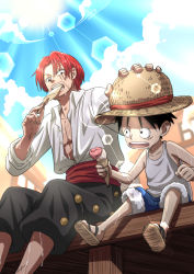 Rule 34 | 2boys, aged down, black hair, child, eating, facial hair, food, hand on another&#039;s head, hand on headwear, hat, hot, ice cream, male focus, monkey d. luffy, multiple boys, musasabiop, one piece, outdoors, red hair, sandals, shanks (one piece), shorts, sleeveless, straw hat, sweat