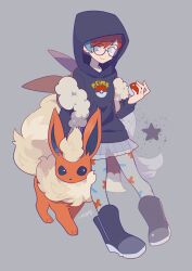 Rule 34 | 1girl, 1other, auko, black footwear, black hoodie, black shorts, blue hair, boots, commentary request, creatures (company), flareon, full body, game freak, gen 1 pokemon, glasses, grey background, grey eyes, grey pantyhose, highres, holding, holding poke ball, hood, hood up, hoodie, long sleeves, looking at viewer, multicolored hair, nintendo, pantyhose, penny (pokemon), poke ball, poke ball print, pokemon, pokemon (creature), pokemon sv, red hair, round eyewear, see-through, see-through skirt, shorts, signature, simple background, skirt, smile, star (symbol), two-tone hair