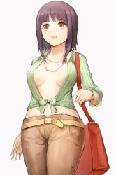 Rule 34 | 1girl, :d, bag, belt, belt buckle, bracelet, breasts, brown eyes, brown hair, brown pants, buckle, collarbone, commentary request, fingernails, front-tie top, green shirt, grey background, highres, itsuwa, jewelry, long hair, long sleeves, looking away, medium breasts, midriff, navel, necklace, no bra, open mouth, pants, round teeth, shirt, shoulder bag, simple background, smile, solo, suzuki puramo, teeth, toaru majutsu no index, upper teeth only, white background, yellow belt