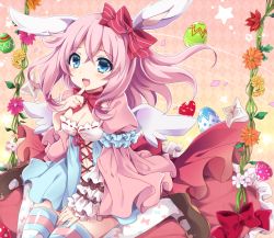 Rule 34 | 1girl, angel wings, animal ears, arm strap, bad id, bad pixiv id, blue dress, blue eyes, breasts, cleavage, dress, easter, easter egg, egg, fang, finger to mouth, flower, hair ribbon, juliet sleeves, long sleeves, looking at viewer, medium breasts, multicolored clothes, multicolored dress, open mouth, original, pink dress, pink hair, puffy sleeves, rabbit ears, ribbon, sitting, smile, solo, striped clothes, striped thighhighs, thighhighs, thighs, uguisu mochi (ykss35), wariza, wide sleeves, wings