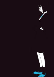 Rule 34 | 1girl, black background, black socks, black theme, blue necktie, dark, from side, greyscale, high contrast, looking to the side, monochrome, necktie, original, socks, solo, spot color, standing, tanaka hirotaka, tears