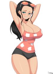 Rule 34 | 1girl, absurdres, aqua eyes, armpits, arms behind head, artist name, bare shoulders, black hair, black shorts, blush, breasts, cleavage, collarbone, highres, large breasts, long hair, looking to the side, narrow waist, nico robin, one piece, shirt, short shorts, shorts, simmsy, sleeveless, smile, solo, sunglasses on head, sweat, thick thighs, thighs, white background, wide hips