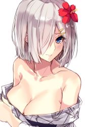 Rule 34 | 10s, 1girl, aosaki yukina, bad id, bad twitter id, blue eyes, blush, breasts, cleavage, collarbone, female focus, flower, hair flower, hair ornament, hair over one eye, hairclip, hamakaze (kancolle), japanese clothes, kantai collection, kimono, large breasts, off shoulder, silver hair, simple background, solo, white background