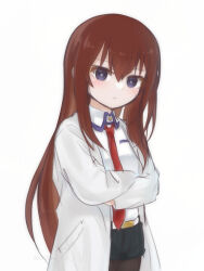 Rule 34 | 1girl, belt, black pantyhose, black shorts, breasts, bright pupils, closed mouth, collared shirt, crossed arms, dot nose, expressionless, hair between eyes, highres, kanzaki nyo, lab coat, long hair, long sleeves, looking at viewer, makise kurisu, necktie, pantyhose, pocket, purple eyes, red hair, red necktie, shirt, short shorts, shorts, sidelocks, simple background, small breasts, solo, standing, steins;gate, twitter username, upper body, watermark, white background, white belt, white pupils, white shirt